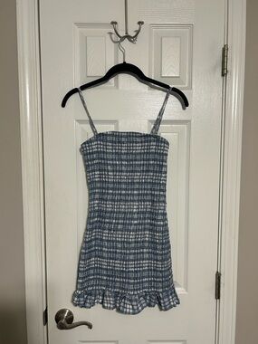 Wild Fable Blue Plaid Smocked Mini Dress with Ruffle Hem